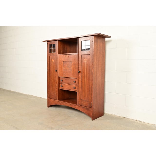 Mission Stickley Harvey Ellis Collection Arts & Crafts Inlaid Oak and Leaded Glass Bookcase With Drop Front Secretary Desk For Sale - Image 3 of 18