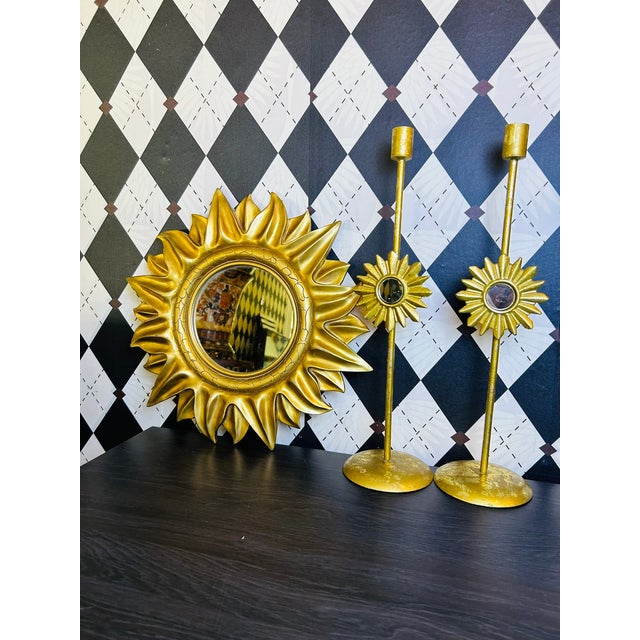 1970s Midcentury Modern Gold Sunburst Wall Mirror, Hollywood Regency-Style , 15" For Sale - Image 16 of 18