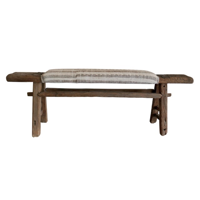 Fragments Identity Antique Hardwood Bench, a global antique hand carved hardwood bench upholstered in vintage hand-spun...