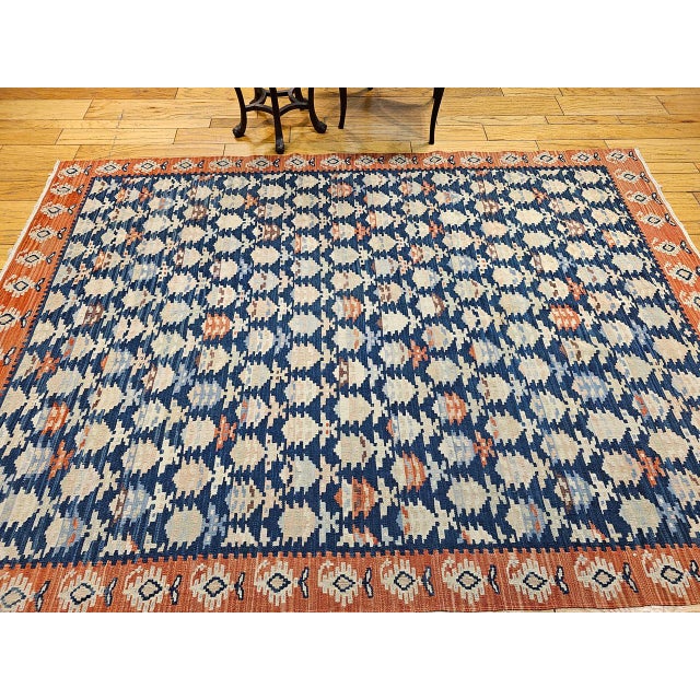 Vintage Kurdish Kilim Rug, Hand-Woven All-Over Paisley Pattern, Blue & Brick, 6x9 For Sale - Image 4 of 13