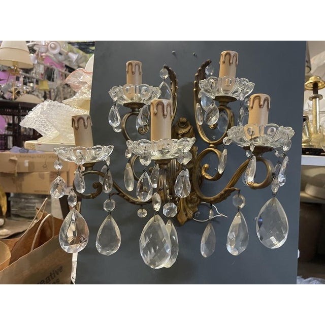 Large Bronze and Crystal Wall Sconces, Italy, 1950s, Set of 2 For Sale - Image 11 of 15