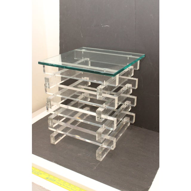 1970s Share Stacked Lucite Side End Table With Glass Top For Sale - Image 9 of 11