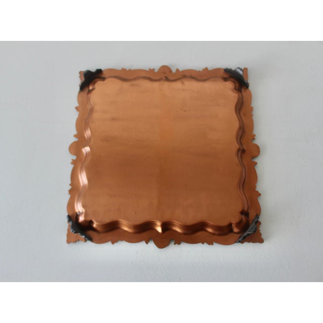 Vintage Ornate English Copper Pewter Square Engraved Platter Footed For Sale - Image 13 of 16