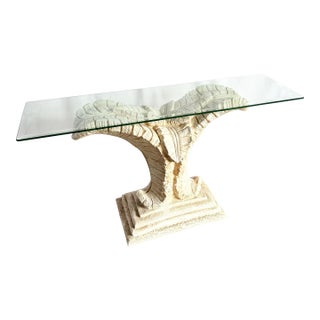 Boho Chic Sculpted Ceramic Glass Top Banana Leaf Console Table For Sale