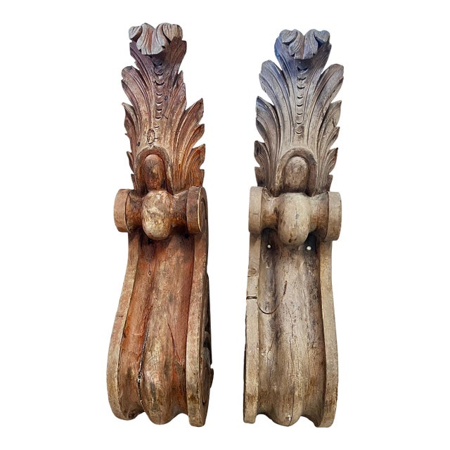 Pair of Tall Antique Wooden Corbels With Acanthus Leaf & Scroll Motifs For Sale