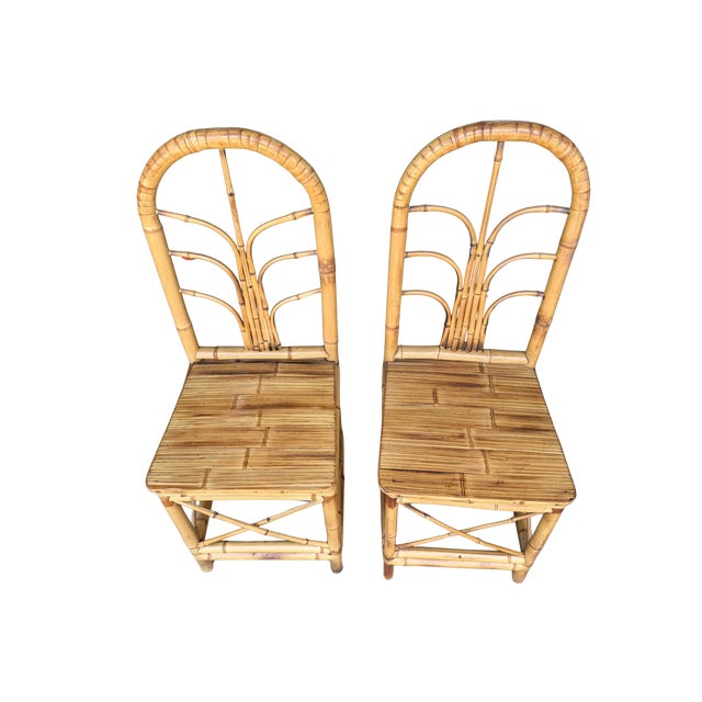 Pair of Vintage Hollywood Regency Bamboo & Rattan Dining Chairs | Palm Beach Coastal Chinoiserie Bent Bamboo High-Back Accent Chairs For Sale - Image 10 of 13