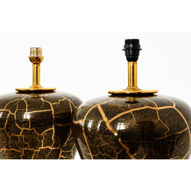 Ceramic Baluster Shaped Table Lamps in Glazed Black and Gold Ceramic, Set of 2 For Sale - Image 7 of 18