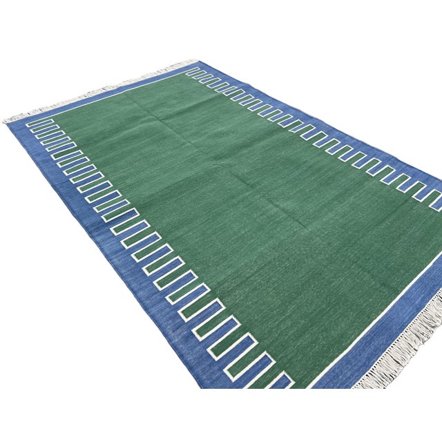 Not Yet Made - Made To Order Handmade Cotton Vegetable Dyed Rug, Forest Green, White and Blue Zig Zag Striped Dhurrie-12'x15' For Sale - Image 5 of 12