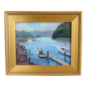 Silvio Silvestri, Listed Artist (1948-2018) Nautical Coastal Boats in Harbor Painting W/ Antique Ornate Gold Frame