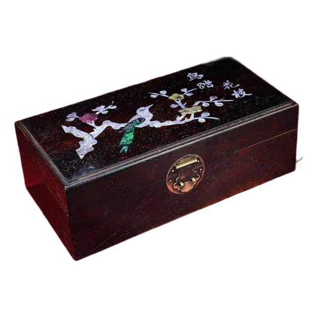 Vintage Chinese Rosewood Box With Mother of Pearl "Bird on Branch" Inlay For Sale