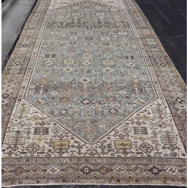 Measures: 7'5 x 18'0 Antique Persian Malayer Gallery Rug with Soft Blue Field Tribal Design. Keivan Woven Arts/...