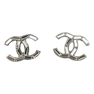 Chanel Silver CC Thin Baguette Crystal Piercing Earrings, A Pair For Sale