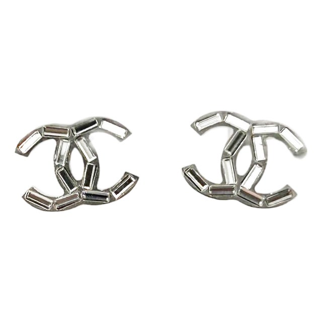 Chanel Silver CC Thin Baguette Crystal Piercing Earrings, A Pair For Sale