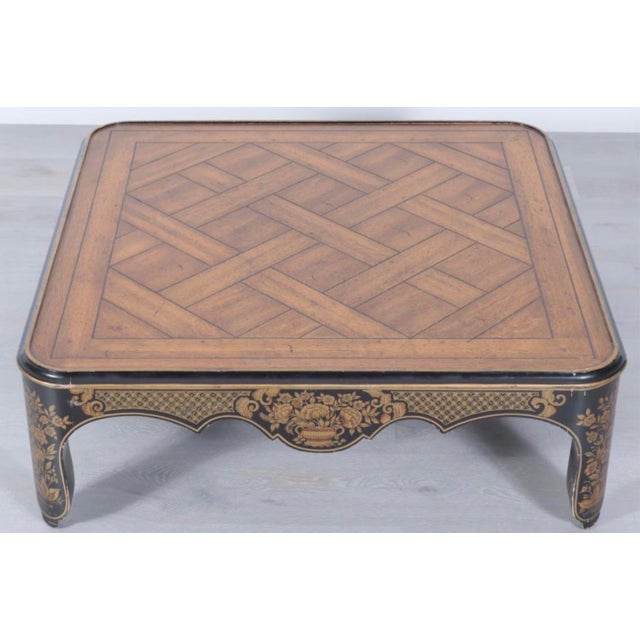 Black and Gold Lacquer Chinoiserie Decorated Oak Coffee Table, with parquet top. Plenty of room for a tray or puzzle