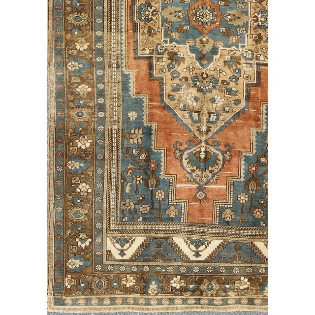 Antique Turkish Colorful Oushak Gallery Rug in Blue Brown & Terra-Cotta For Sale - Image 4 of 9