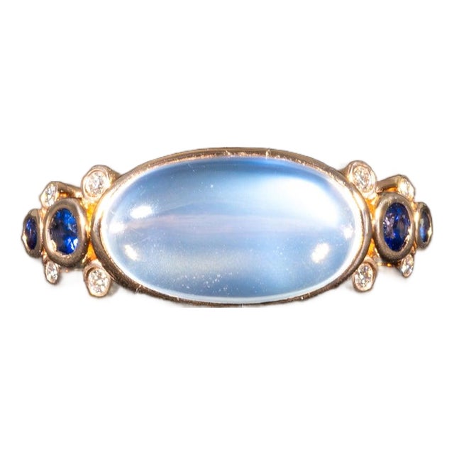 Rainbow Moonstone Ring With Natural Diamond & Blue Sapphire Accents: 14k Gold, Size 6.75 For Sale