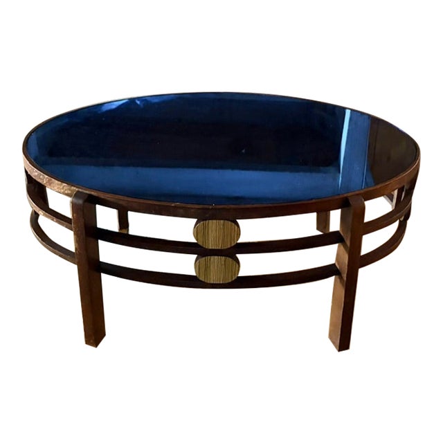 Art Deco Oval Coffee Table, or Side Table, With Original Cobalt Blue Glass Top For Sale