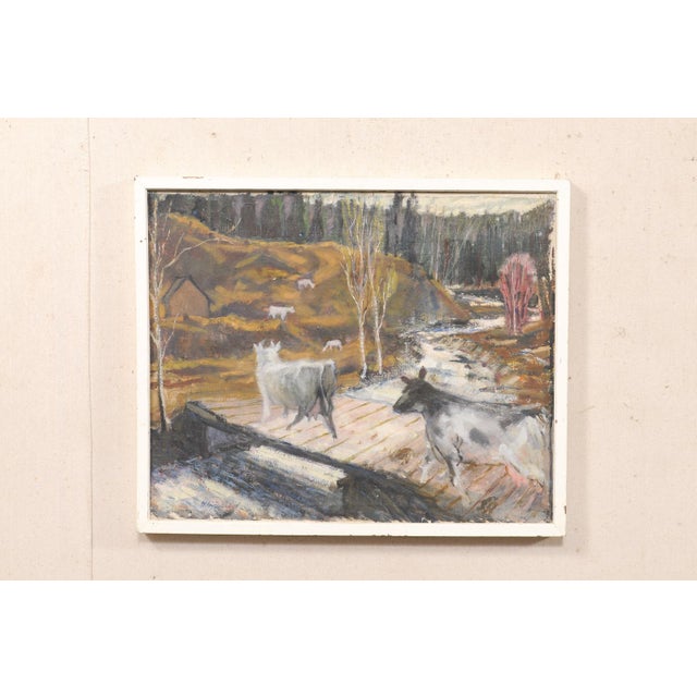Swedish Riverscape With Cows Painting, c.1970s For Sale - Image 9 of 11