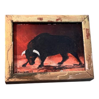 1980s Henry D. Ramirez Jr. Miniature Bull Oil Painting on Board, Framed For Sale