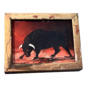 1980s Henry D. Ramirez Jr. Miniature Bull Oil Painting on Board, Framed