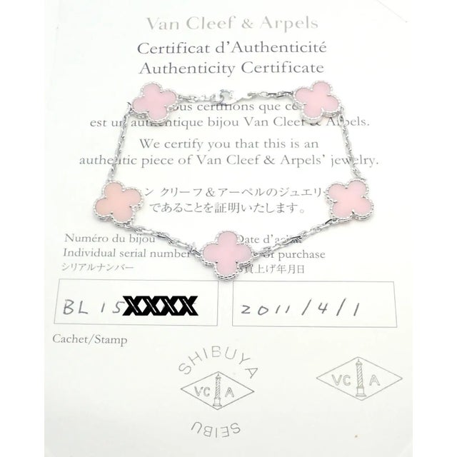 Late 20th Century Van Cleef & Arpels Pink Opal Vintage Alhambra Five Motif White Gold Bracelet For Sale - Image 13 of 14