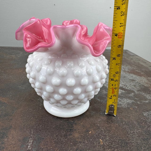 Mid-Century Modern Vinatge MCM Fenton Pink & White Milk Glass Hobnail Peach Blow Ruffle Top Vase For Sale - Image 3 of 6
