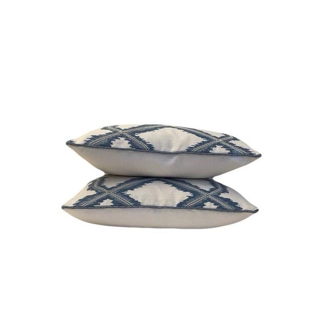 2020s Cowtan & Tout Trellis Lattice Embroidery Fabric “Micro/Blue” Feather/Down Pillows- a Pair For Sale - Image 5 of 5