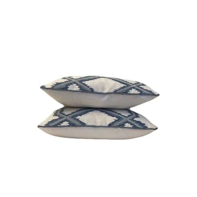 2020s Cowtan & Tout Trellis Lattice Embroidery Fabric “Micro/Blue” Pillow Covers - A Pair For Sale - Image 5 of 5