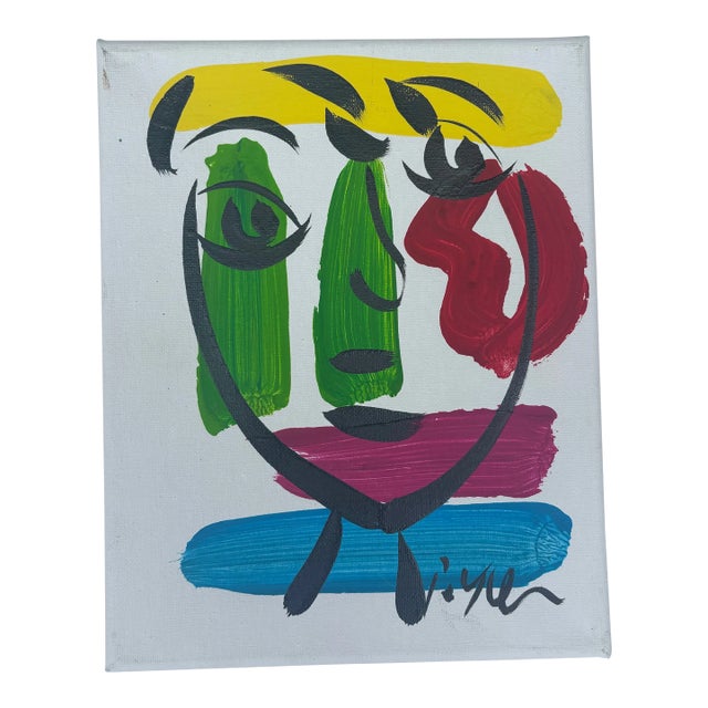 Abstract Geometric Portrait Painting on Canvas, Peter Keil For Sale