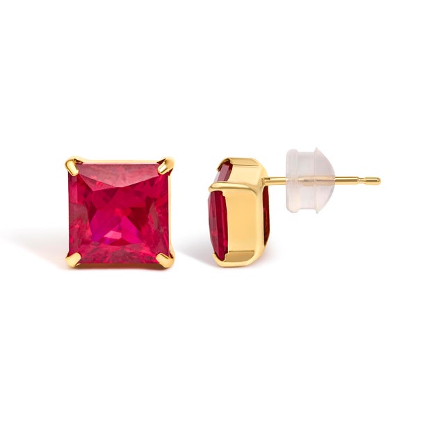 Haus of Brilliance 18K Yellow Gold 7x7 MM Created Red Ruby Princess Cut Solitaire Stud Earrings, Pair For Sale - Image 4 of 4