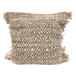 Handwoven Jute Pillow Cover With Fringe 22 X 18 in Herringbone Woven Detail - Handcrafted in India For Sale