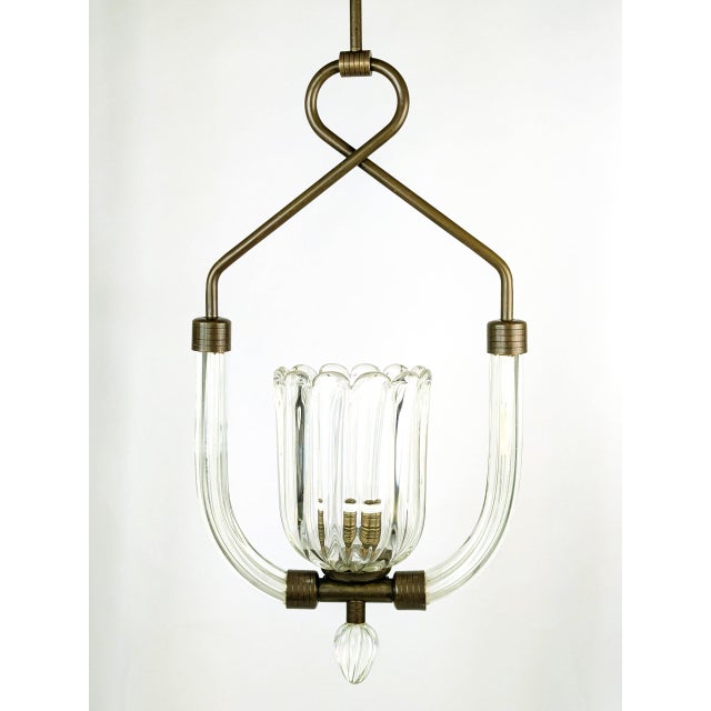 1940s Brass and Clear Murano Glass Pendant Light attributed to Barovier & Toso For Sale - Image 5 of 13