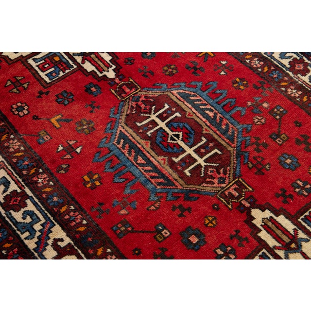 Red Vintage Heriz Red Handmade Wool Rug With Tribal Motif For Sale - Image 8 of 8
