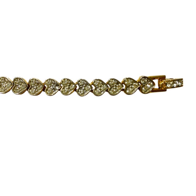 Vintage Gold Tone Pave Rhinestone Heart Tennis Bracelet For Sale In New York - Image 6 of 8