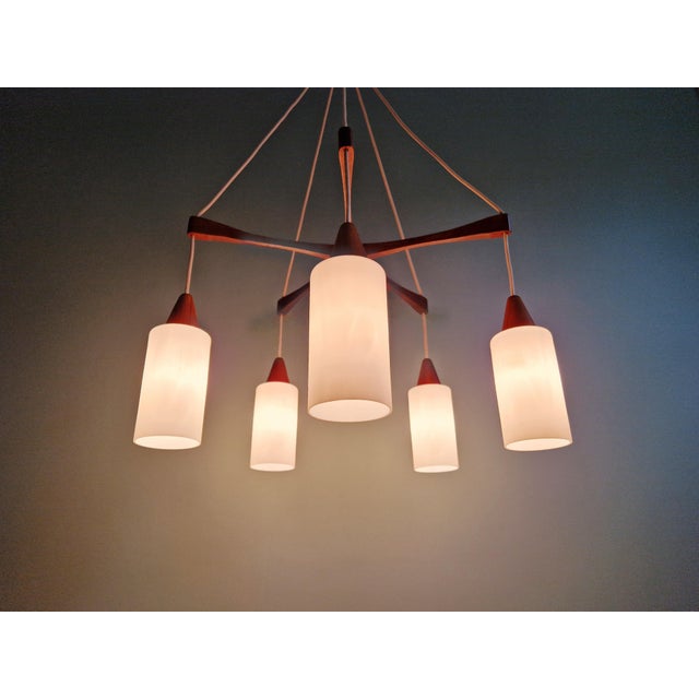 1960s Large Scandinavian Chandelier in Teak and Satin White Opaline Glass, 1960s For Sale - Image 5 of 17