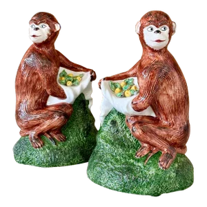 Vintage Coastal Regency Porcelain Glazed Figurative Italian Monkeys-Pair