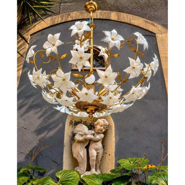 1970s 1970s Mid-Century Modern Italian Floral Chandelier in White Murano Glass and Brass For Sale - Image 5 of 7