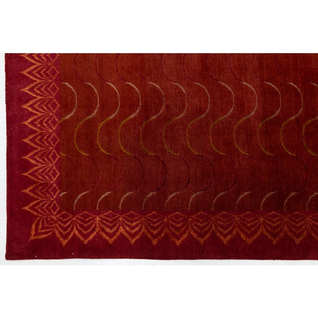 Art Deco Contemporary Tibetan Wool & Silk Rug in Crimson and Gold With Art Deco Boder For Sale - Image 3 of 11