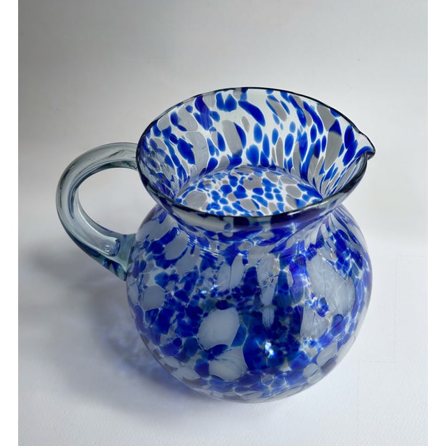 Vintage Hand Blown Blue & White Spatter Handled Glass Pitcher For Sale - Image 10 of 16