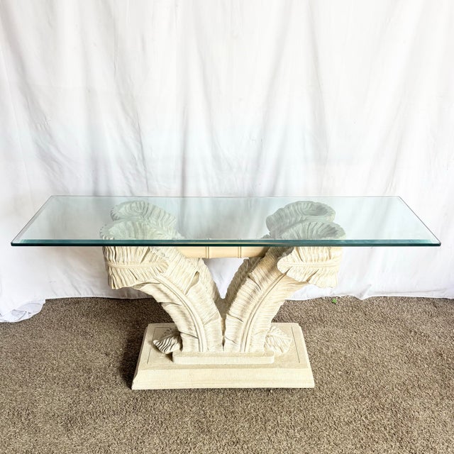 Hollywood Regency Serge Roche Style Plaster Banana Leaf Glass Top Console Table For Sale - Image 3 of 9