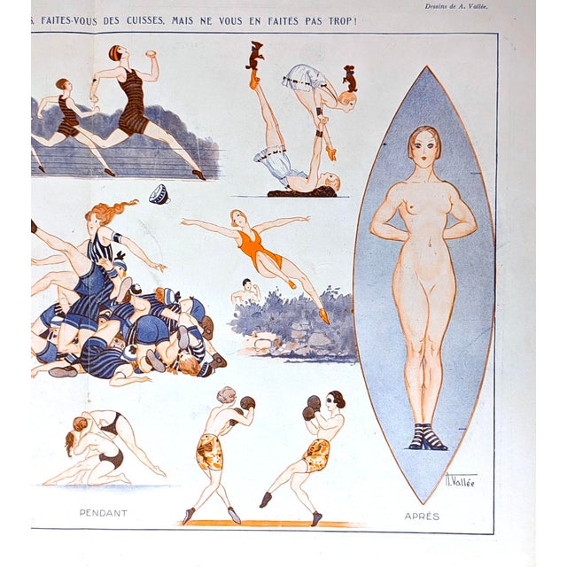 Illustration Authentic La Vie Parisienne 1921 A. Vallée "Les Sports Féminins — " Illustrated Centerfold Print For Sale - Image 3 of 4
