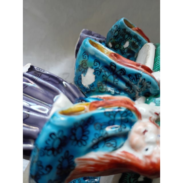 Ceramic Antique Asian Porcelain Centerpiece Bowl With 5 Sculpted Figurine Handles & Feet For Sale - Image 7 of 16