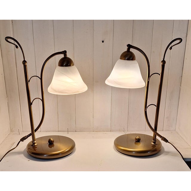 Goldenrod Vintage Italian Table Lamps with Brass Frames and Murano Glass Shades, 1980s, Set of 2 For Sale - Image 8 of 8