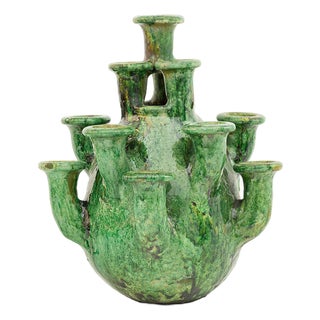 Handcrafted Tamegroute Green Glazed Ceramic Candle Holder Sculpture, Multi-Spout Moroccan Art, One-of-a-Kind For Sale