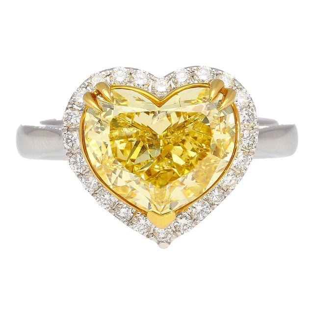 Gia Certified 3.32 Carat Fancy Intense Yellow Heart Cut Diamond Engagement Ring Size 6 For Sale