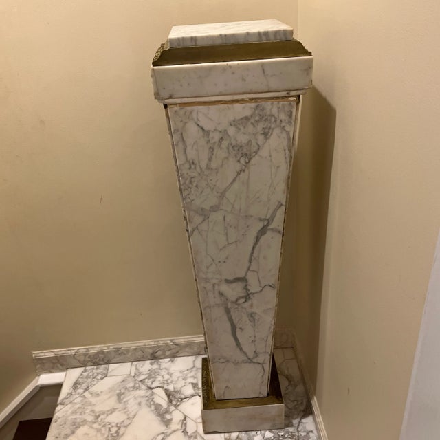 Metal French Antique Marble Pedestal With Ornate Bronze Motifs For Sale - Image 7 of 10