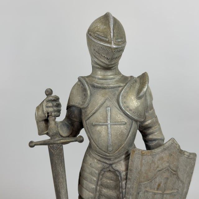 Vintage Medieval Knight Statue in Armor with Sword and Shield on Wooden Base from Artigianale, 1950s For Sale - Image 6 of 11