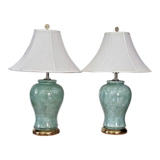 Pair of Vintage Celadon Glazed Ceramic Ginger Jar Table Lamps For Sale