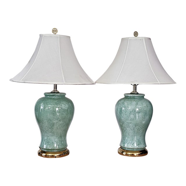 Pair of Vintage Celadon Glazed Ceramic Ginger Jar Table Lamps For Sale