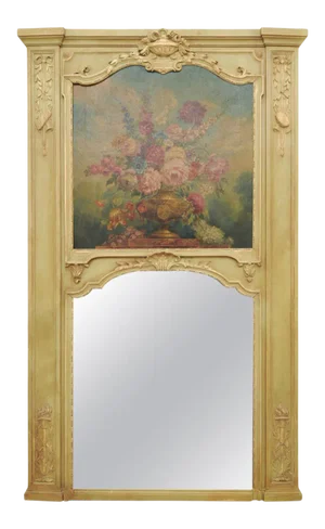 1870s French Napoléon III Period Painted Trumeau Mirror with Floral Oil Painting